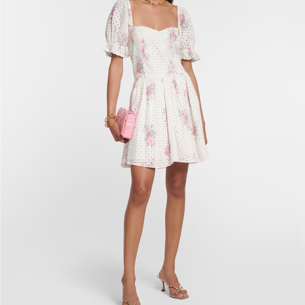 LoveShackFancy Altima White and Pink Floral Cotton Mini Dress